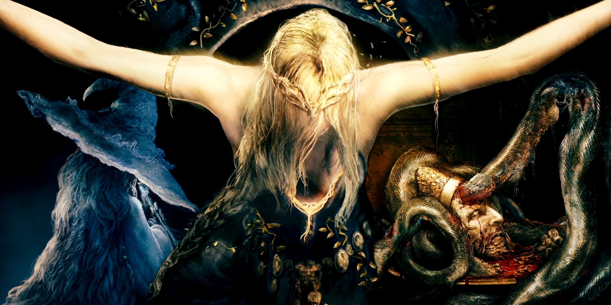 Three scenes from Elden Ring's opening cinematic edited together. Queen Marika is centered, arms outstretched and blonde hair covering her face. On the left is Ranni, her head concealed by a large hat. On the right is Rykard being eaten by the God-Devouring Serpent.