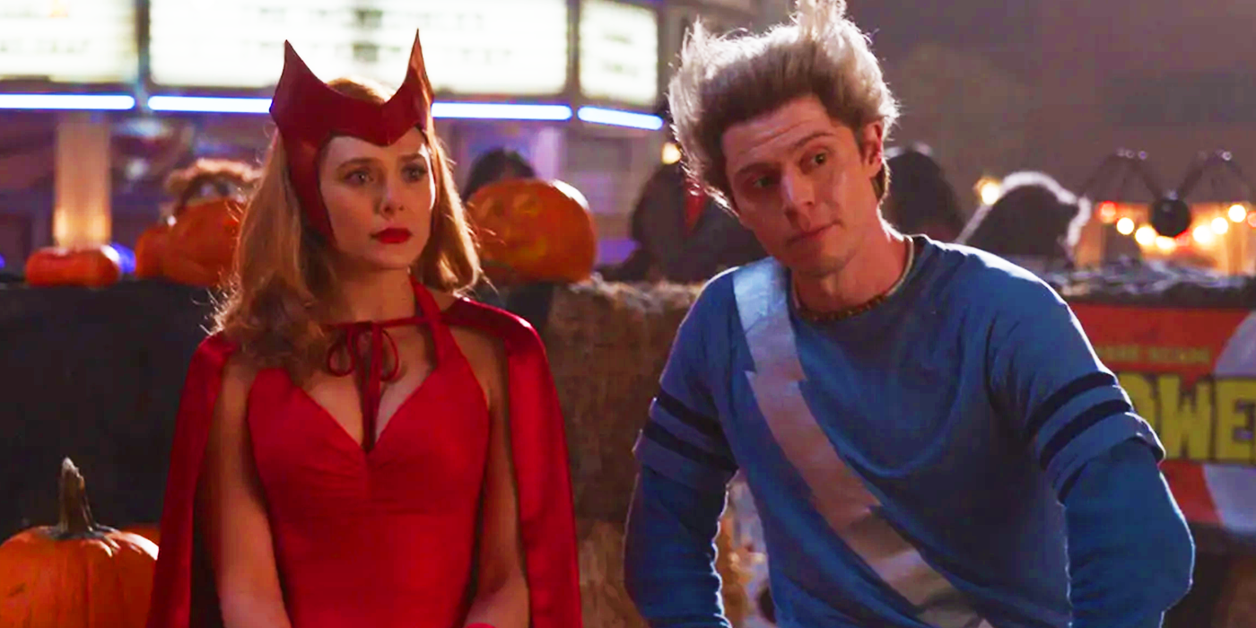 Elizabeth Olsen as Wanda Maximoff and Evan Peters as Ralph Bohner as Pietro Maximoff in Halloween superhero costumes in WandaVision
