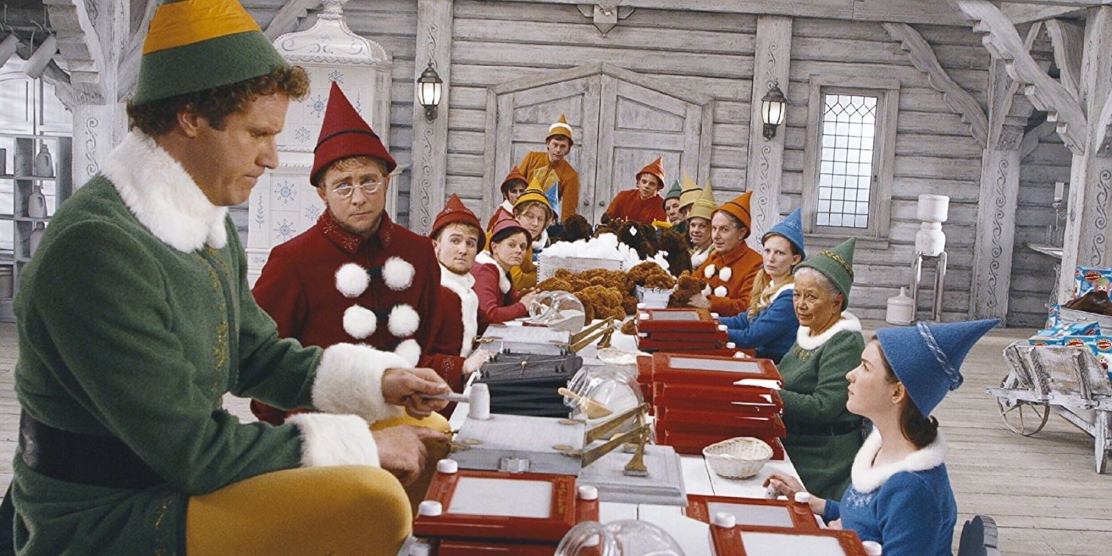 Buddy (Will Ferrell) and the elves making Etch-a-Sketches in Elf