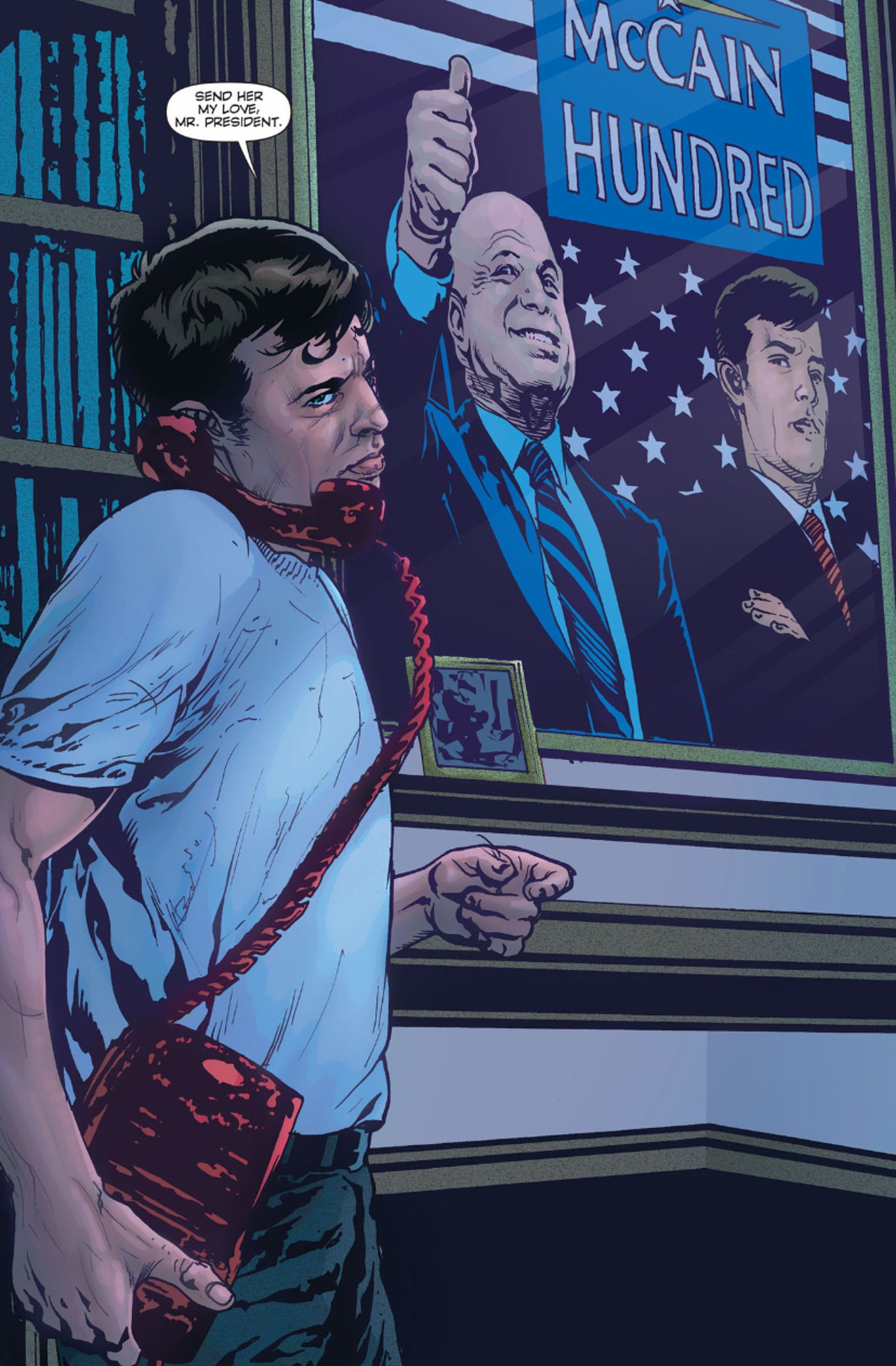 panel from Ex Machina #50, Mitchell Hundred is John McCain's Vice President