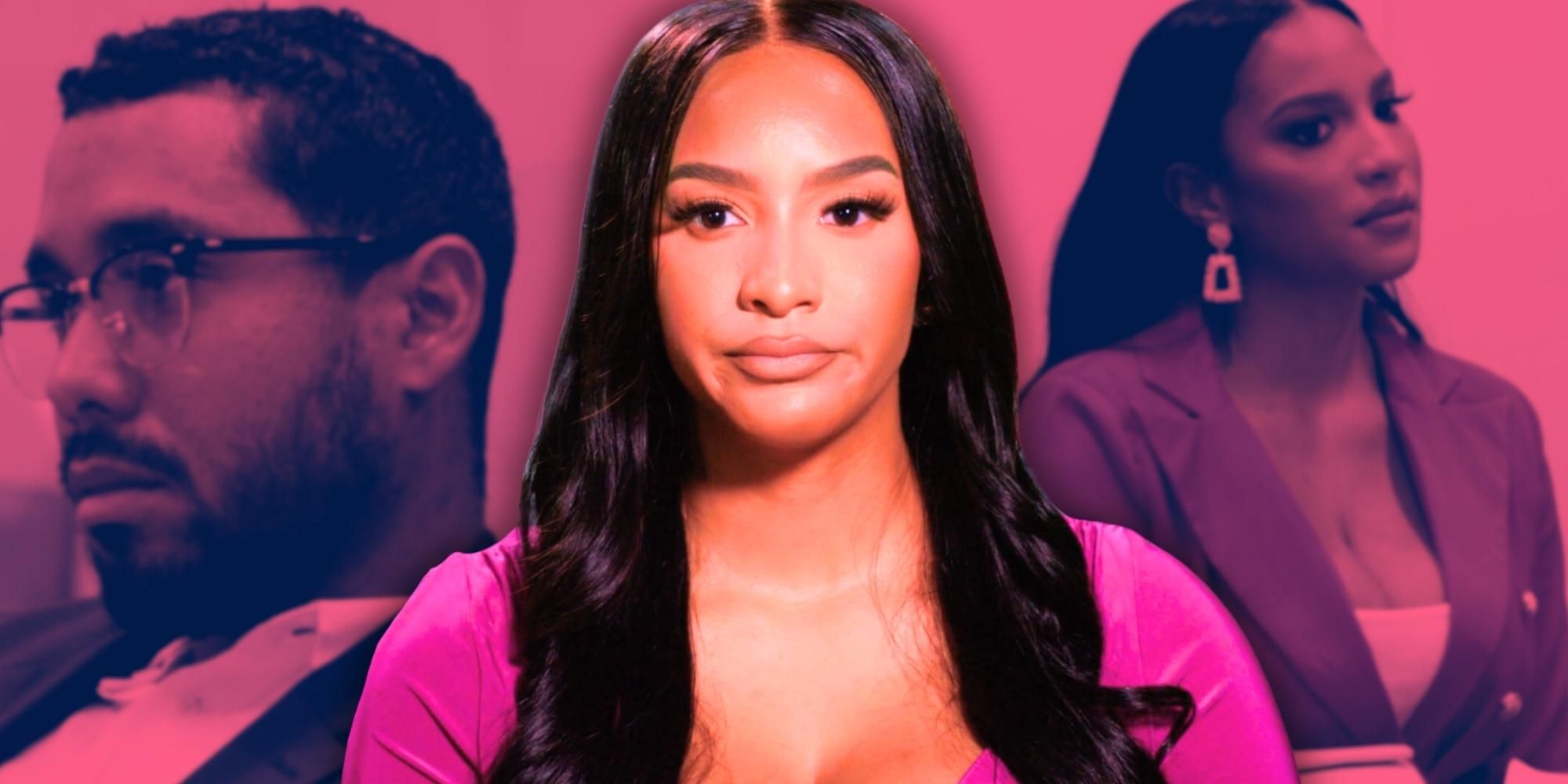 Chantel from The Family Chantel with Pedro in the background hot pink background