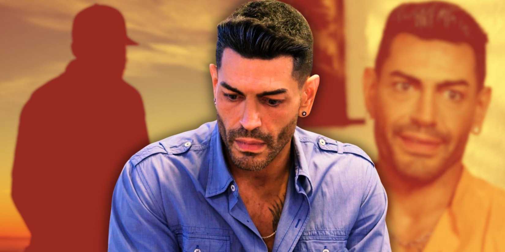 90 Day Fiancé star Sarper Güven in blue shirt looking tense with secret son in three side by side images