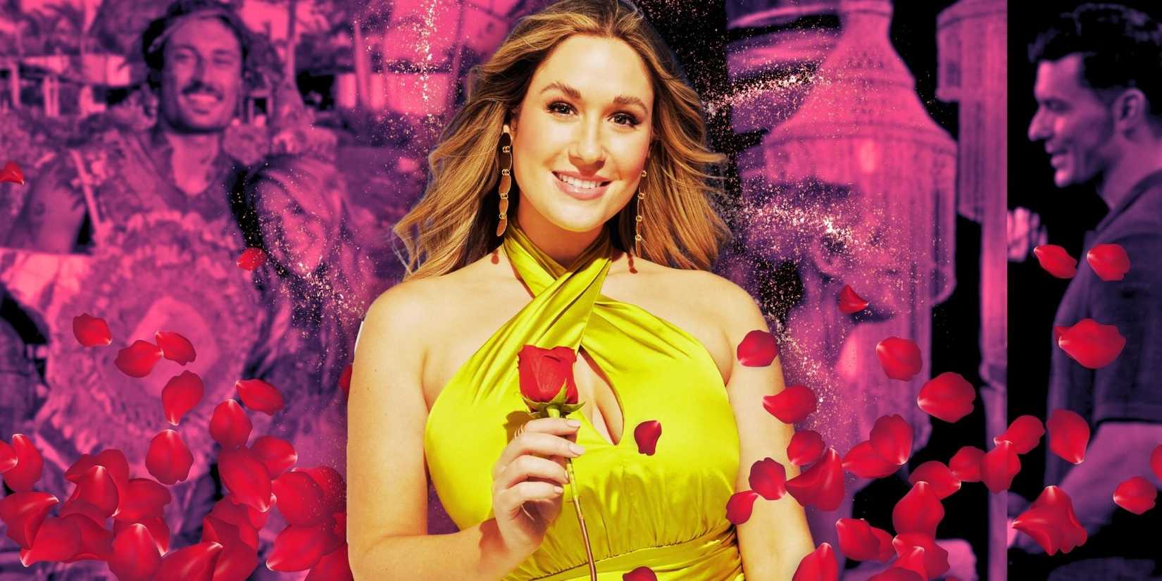 Rachel Recchia from Bachelor in Paradise in a yellow dress holding a rose