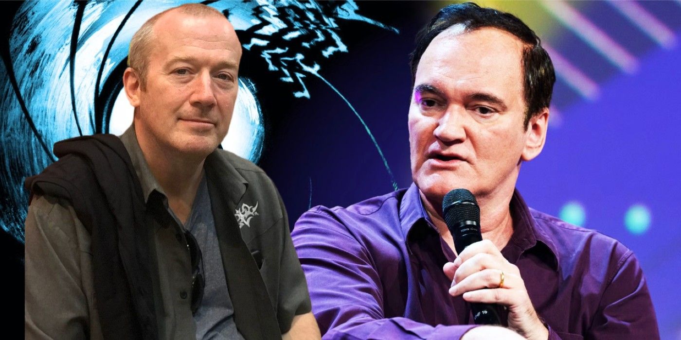 Featured Image: Garth Ennis (left) and Quentin Tarantino (right) in front of James Bond gun barrel backdrop