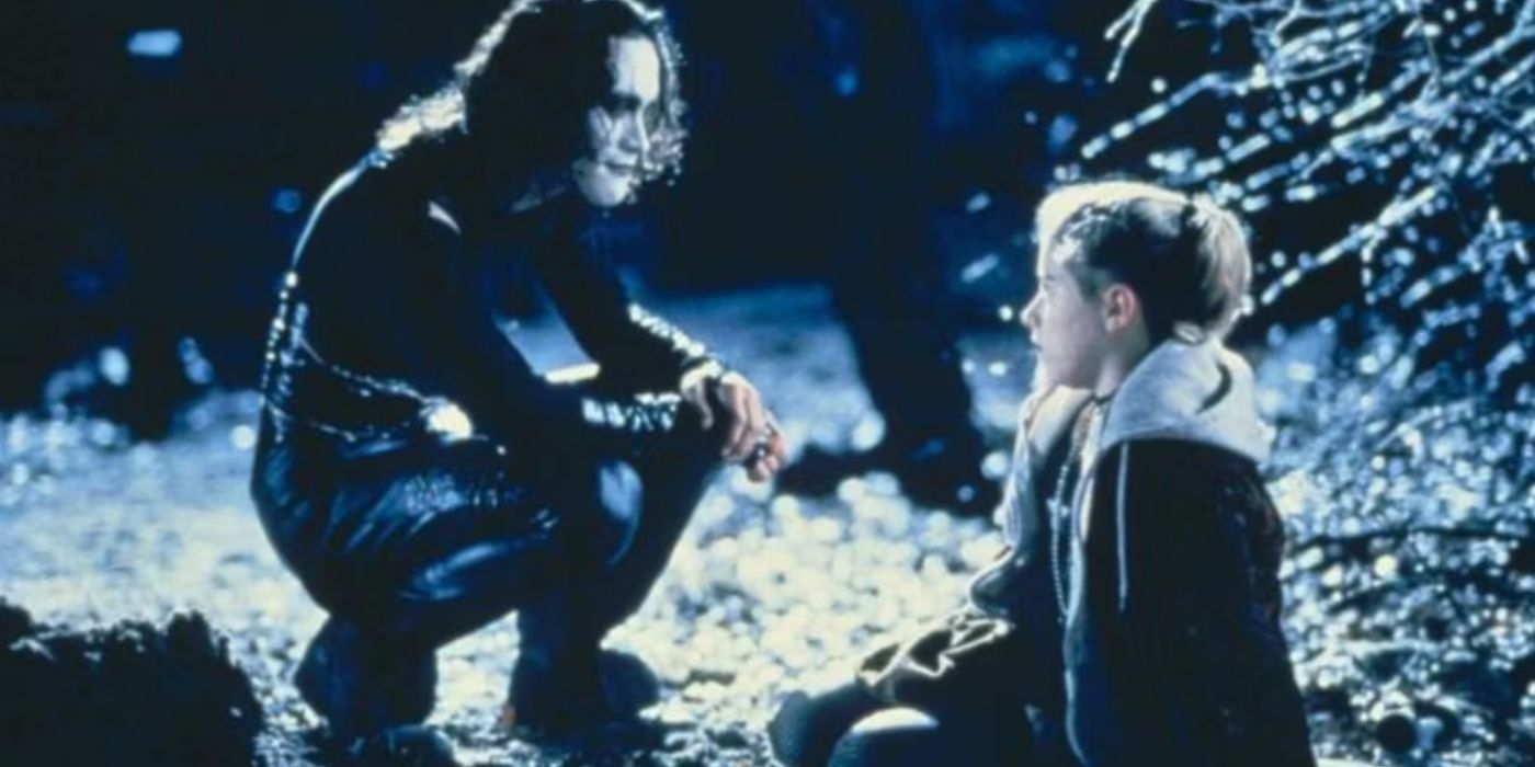Eric Draven talks to Sarah in the graeyard in The Crow.