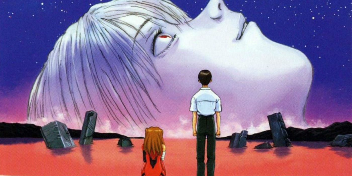 Pôster de End of Evangelion com Shinji e Asuka olhando para um Rey gigante