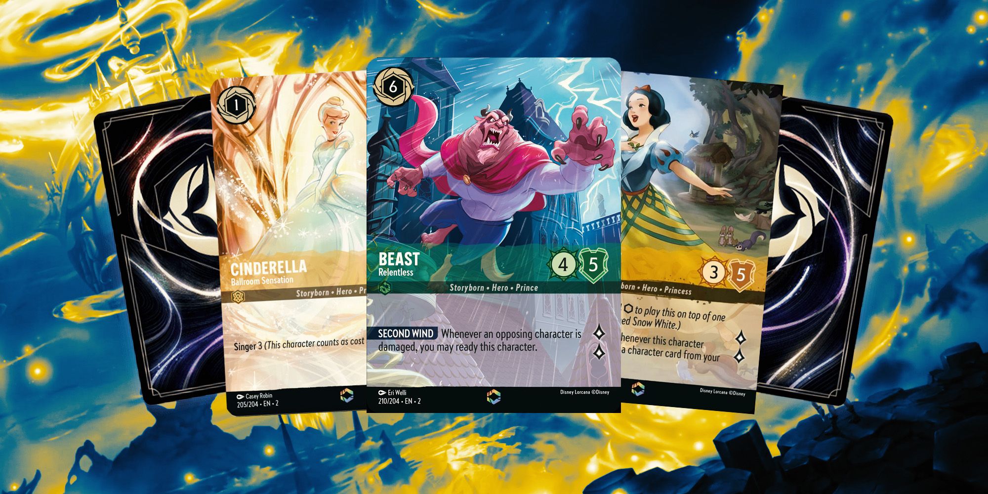 Cinderella, Beast, and Snow White Enchanted cards from Disney Lorcana: Rise of the Floodborn.