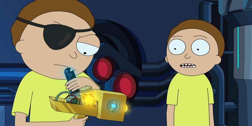 Evil Morty tinkering with portal gun next to Morty Smith in Rick and Morty