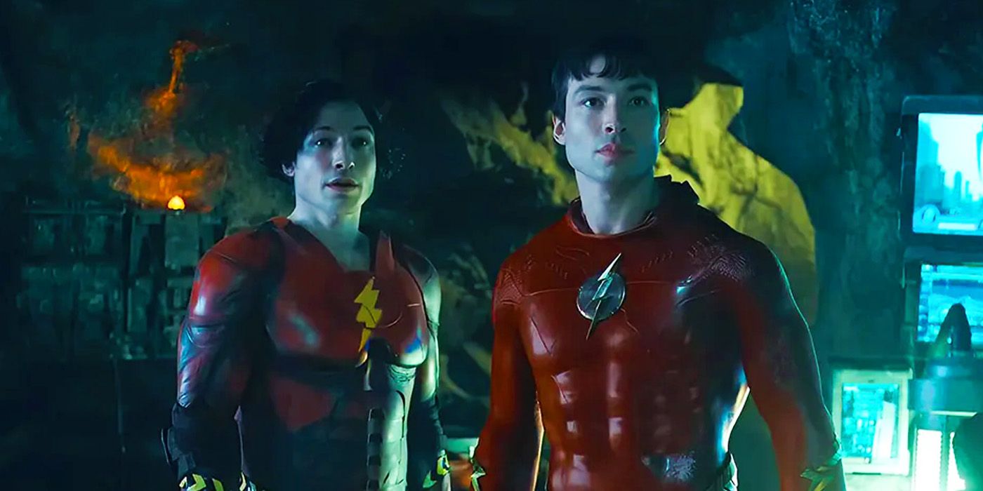 Ezra Miller as two Barry Allens in The Flash's alternate timeline