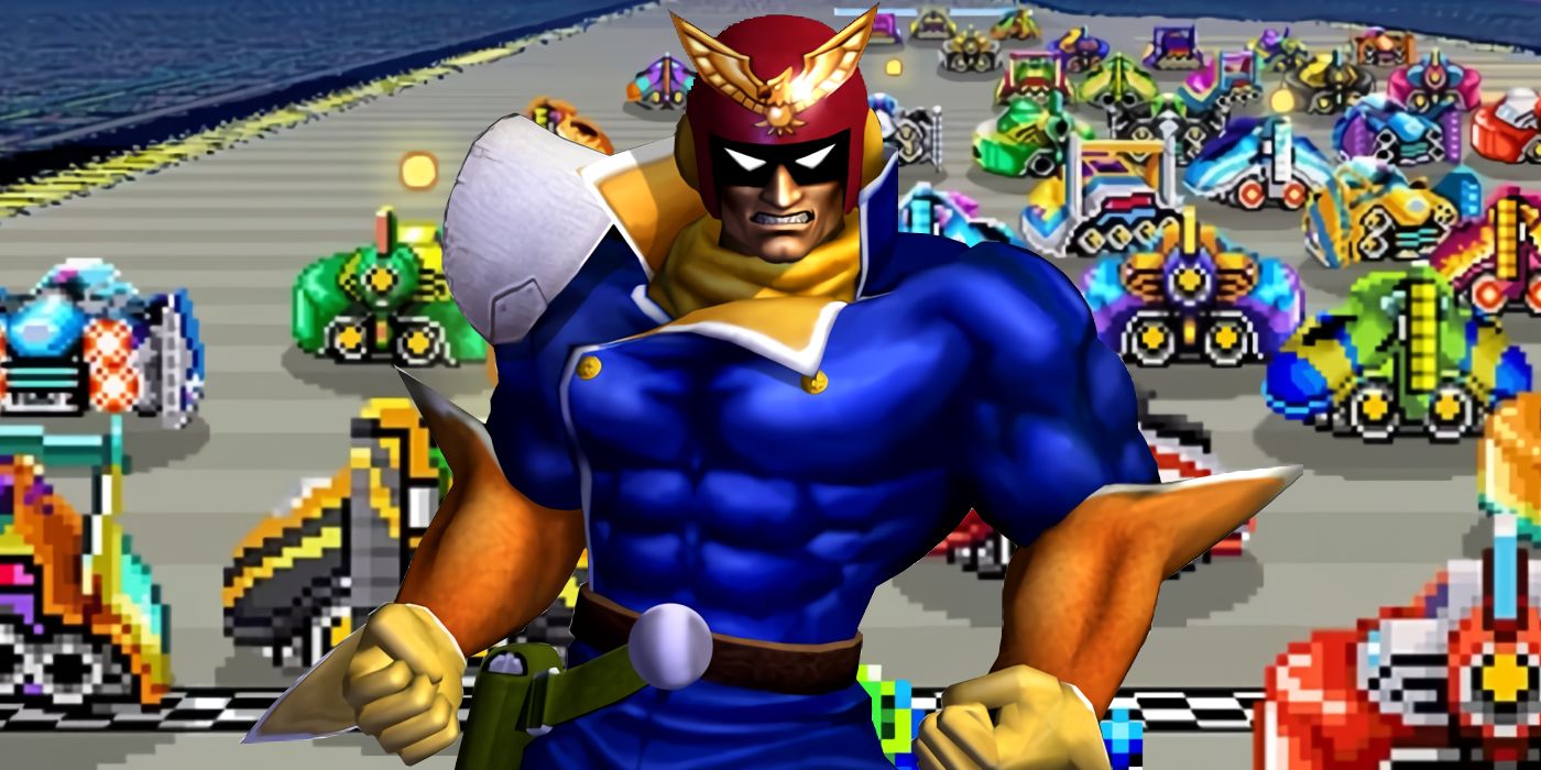 Captain Falcon, a man wearing a red helmet, and blue and orange racing suit, in front of a background of 16-bit F-Zero 99 cars.