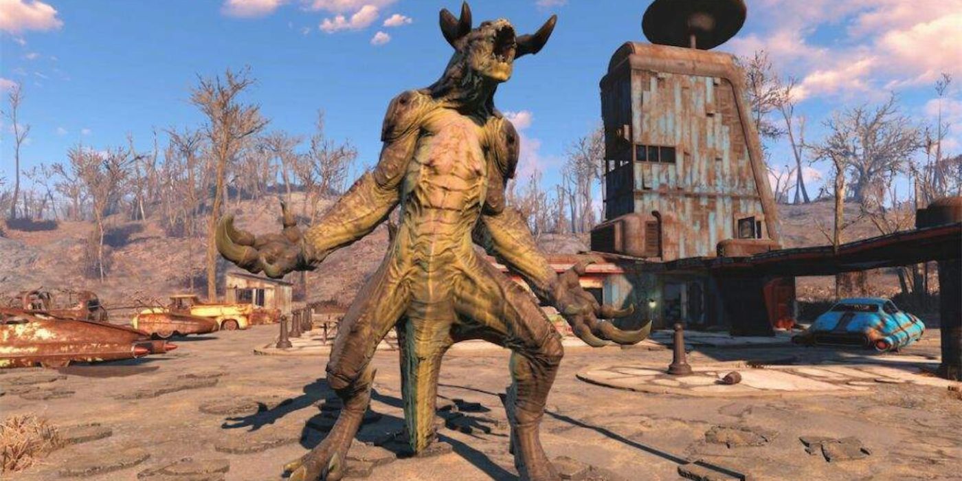 Um Deathclaw rugindo para o jogador em Fallout 4