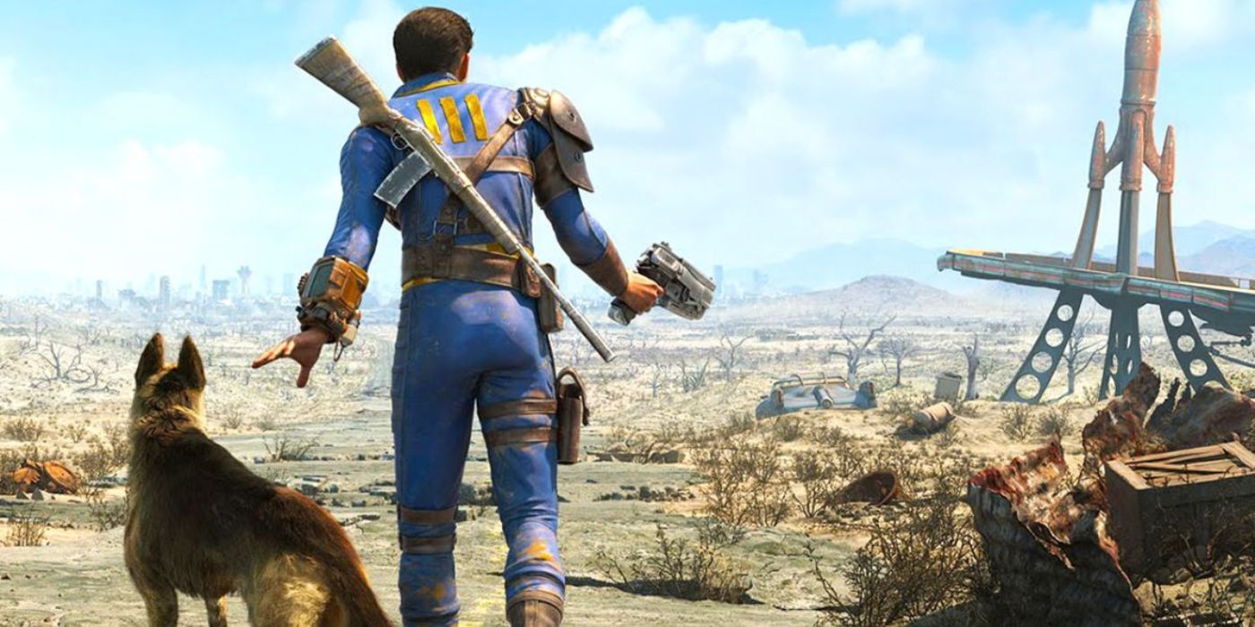 The Player and Dogmeat prepare to brave the  post-apocalyptic landscape in Fallout 4