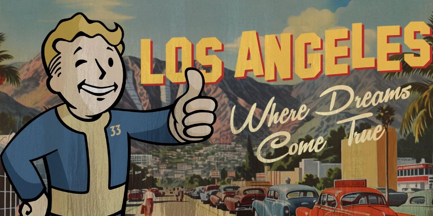 Vault boy faz sinal de positivo na frente de Los Angeles no Fallout Poster.