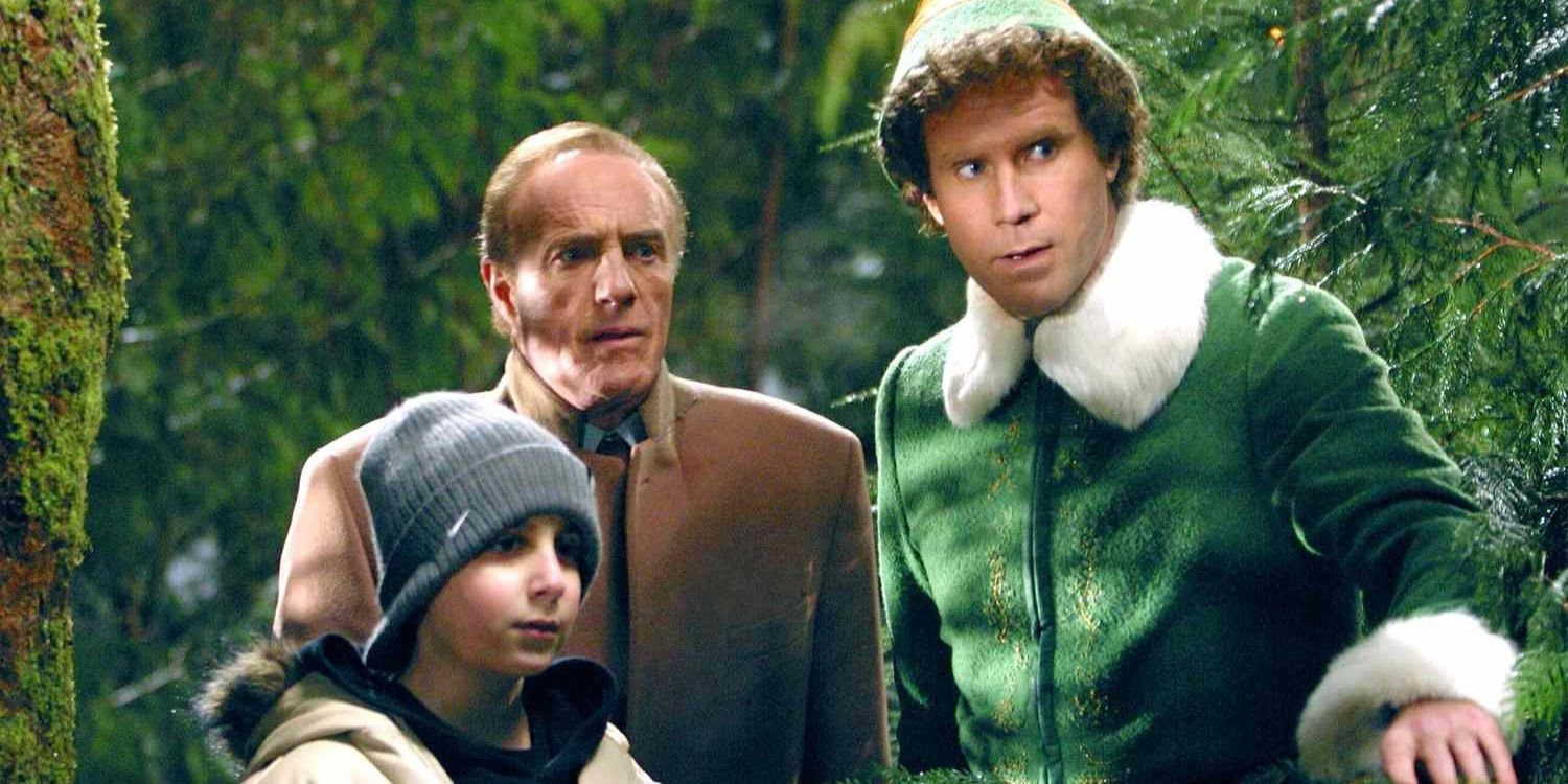 Buddy (Will Ferrell) with his father and half-brother surrounded by Christmas trees in Elf