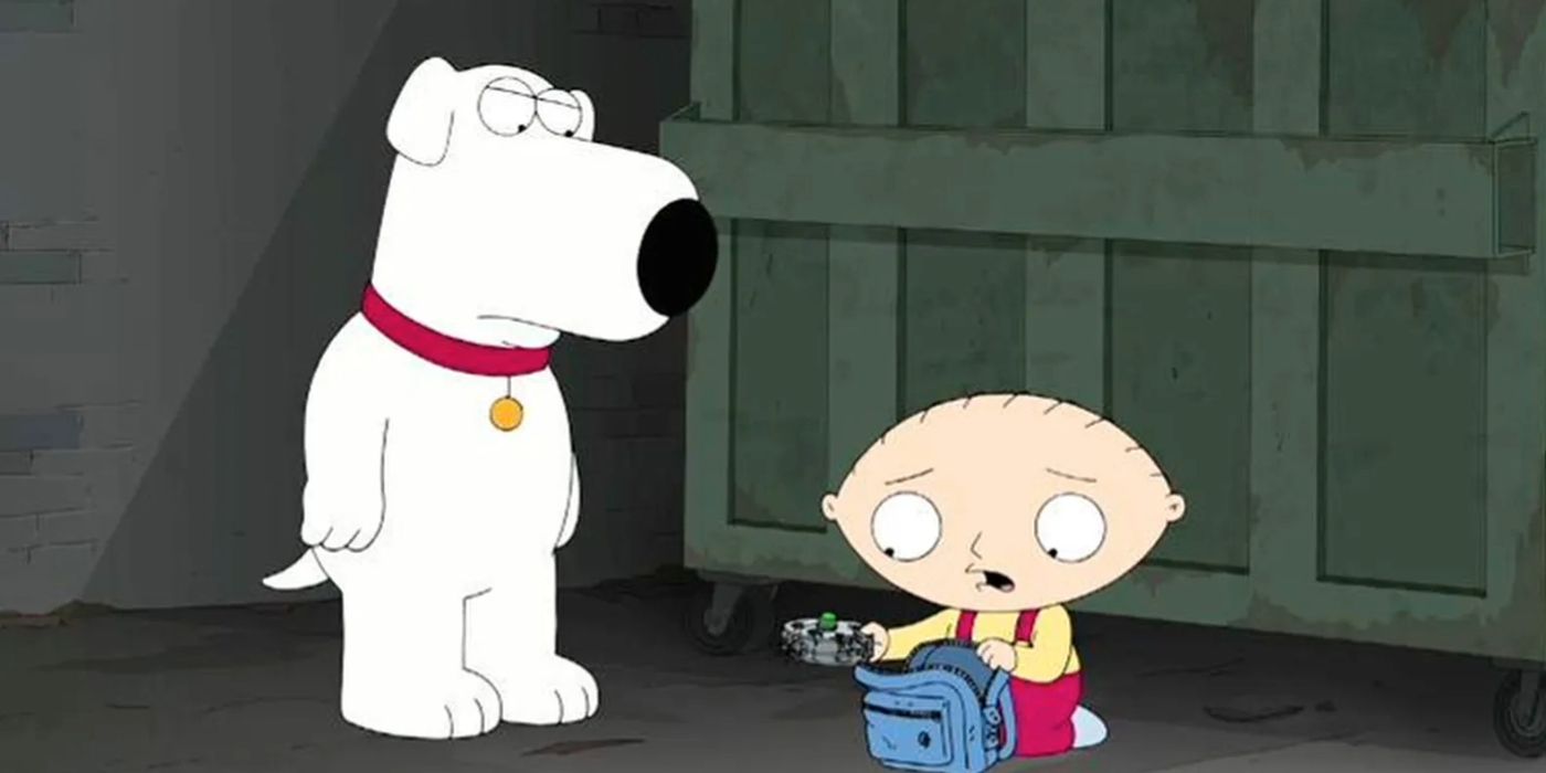 Brian staring at Stewie while he looks through a backpack in Family Guy