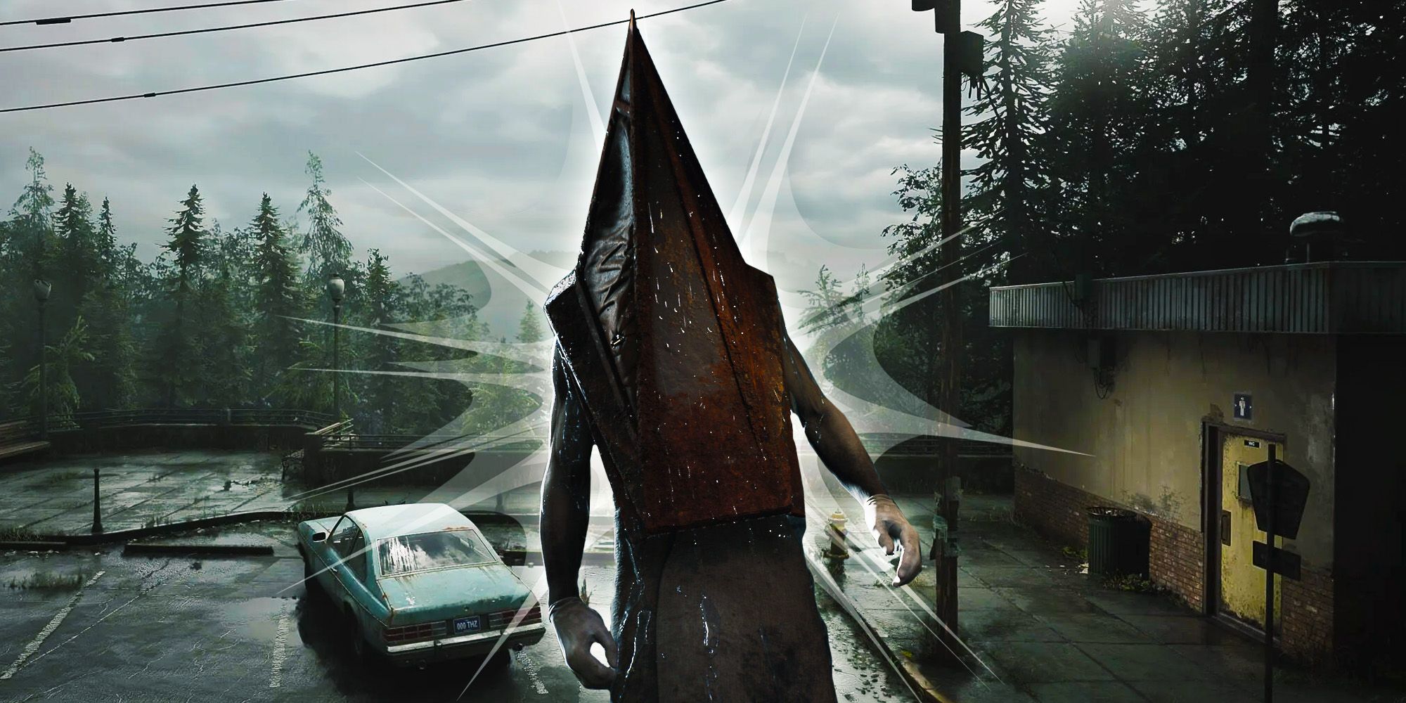 Pyramid Head in front of a background with a run-down parking lot.