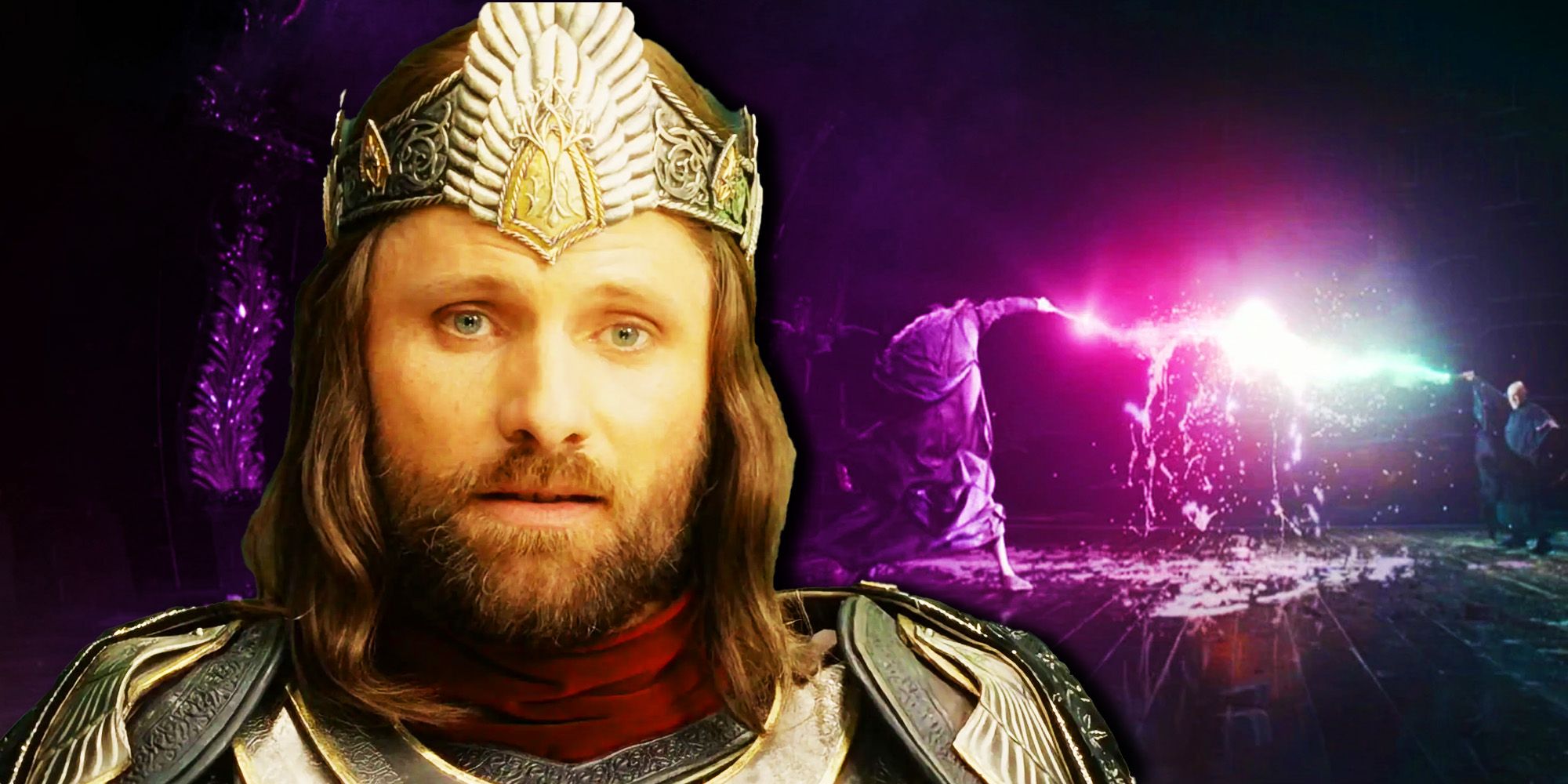 An image of Viggo Mortensen as Aragorn wearing the crown in Lord of the Rings: Return of the King and an image of Michael Gambon and Ralph Fiennes as Dumbledore and Voldemort fighting in Harry Potter and the Order of the Phoenix