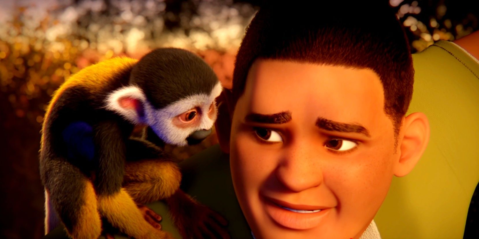 Cisco smiling at his pet monkey Donut