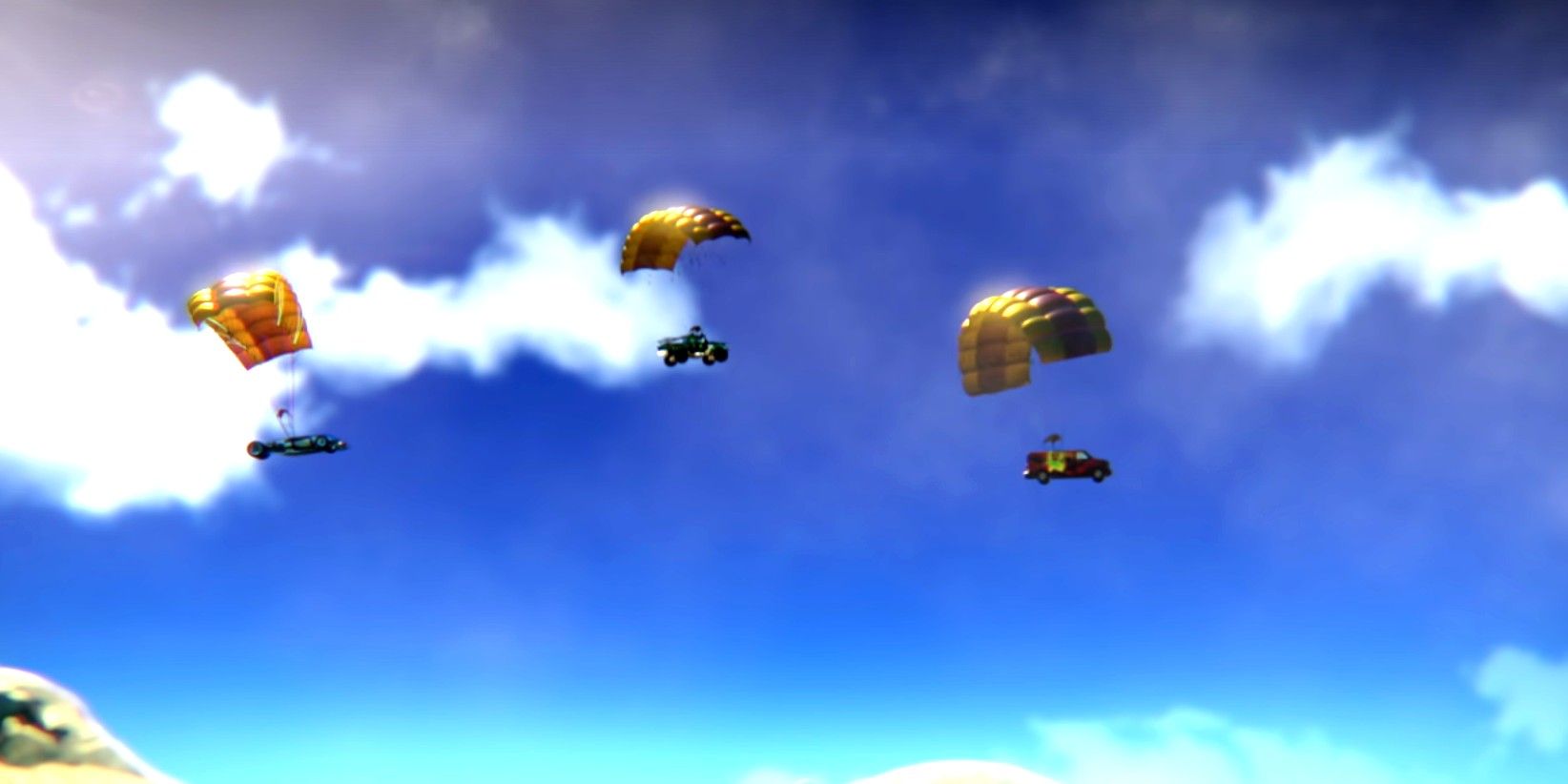 Cars sky diving with parachutes