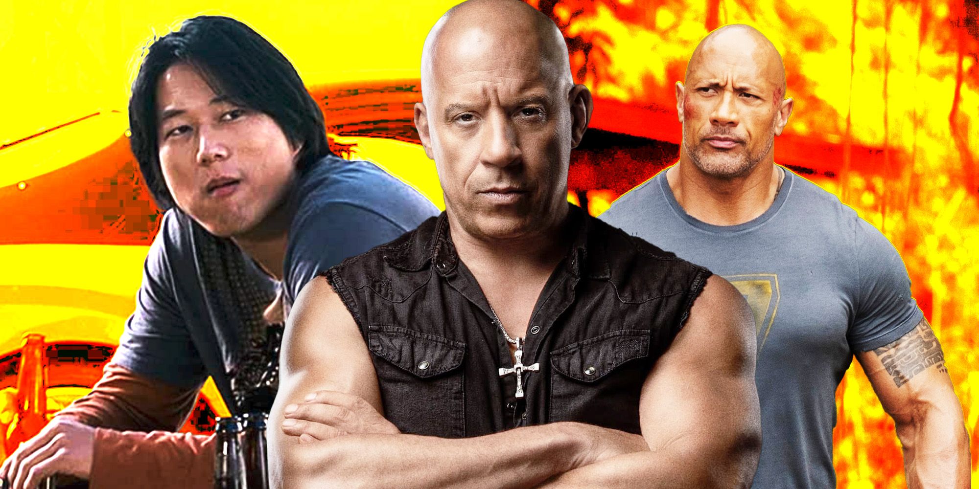 A custom image featuring Han in Tokyo Drift, Dominic Toretto in Fast X, and Hobbs in Hobbs & Shaw 