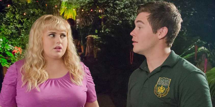 Fat Amy staring surprised at Bumper in Pitch Perfect