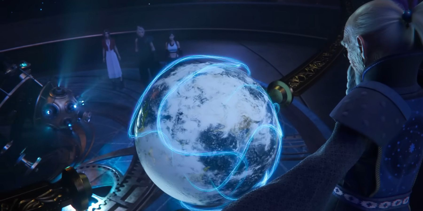 Bugenhagen with his arms outspread in front of a model of the galaxy in a screenshot from FF7 Rebirth.