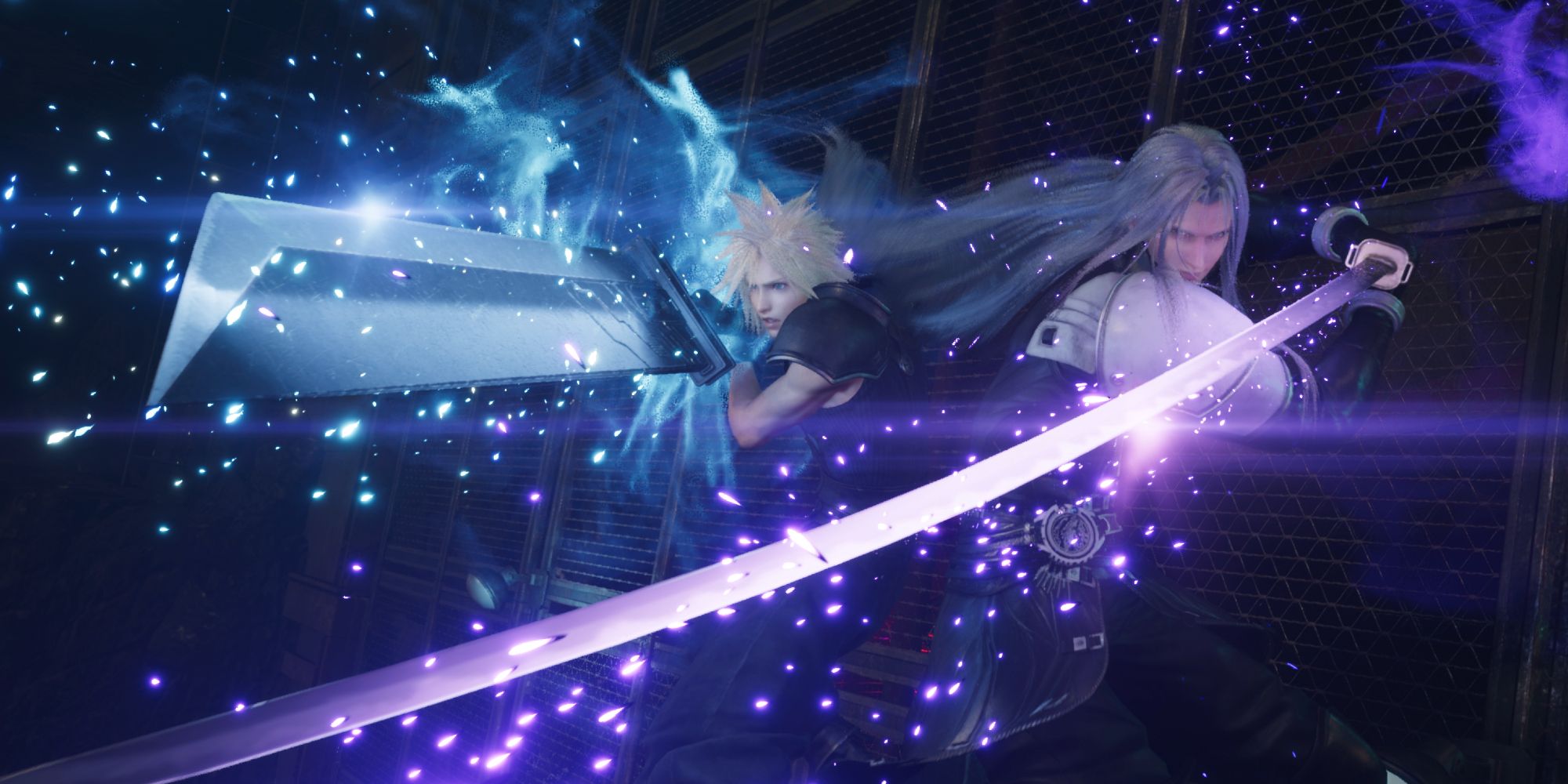 Cloud e Sephiroth costas com costas, espadas em punho enquanto alinham uma habilidade de sinergia em uma captura de tela de FF7 Rebirth.