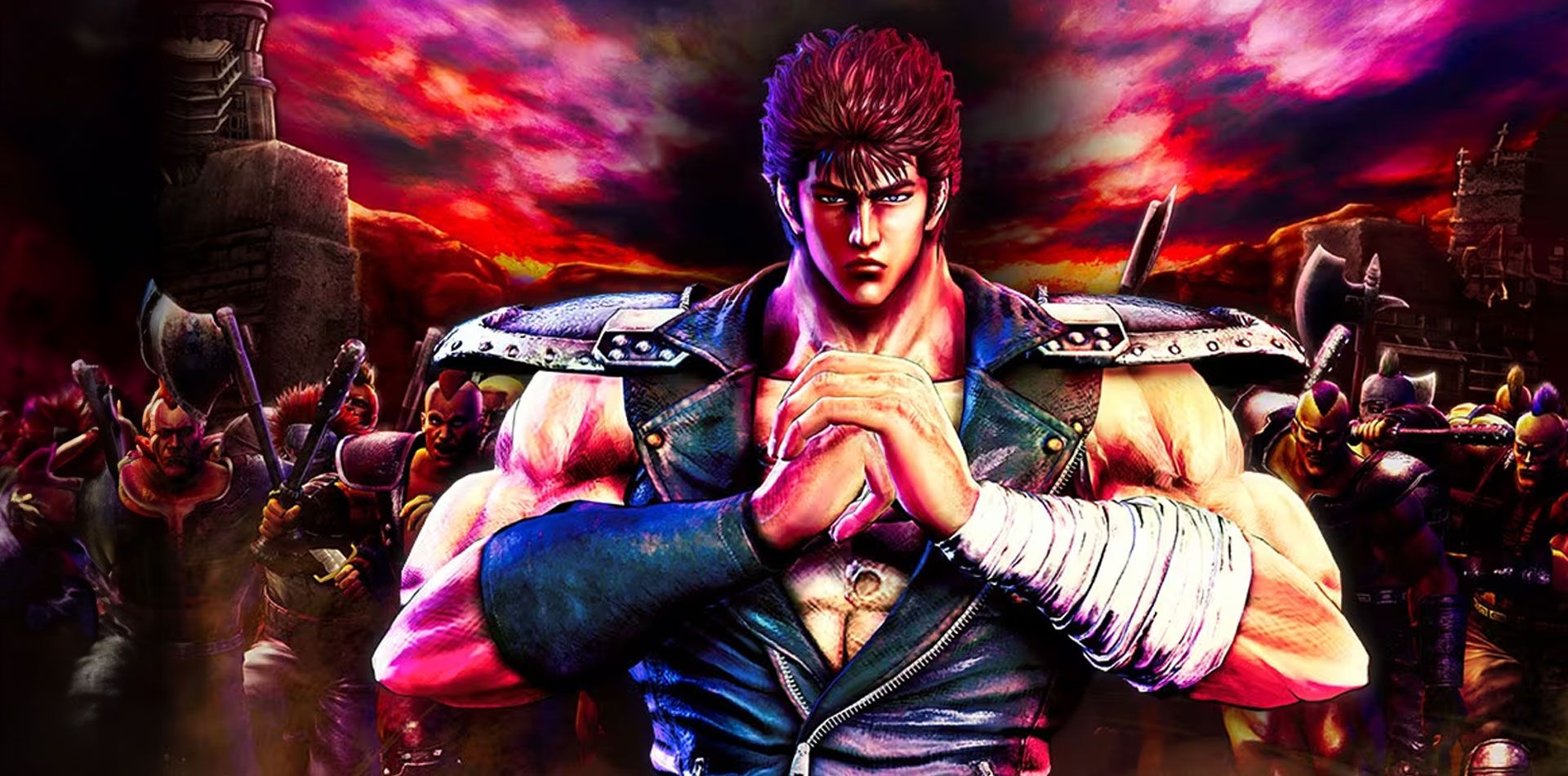 Kenshiro from Fist of the North Star with a bunch of soldiers attacking in the background.