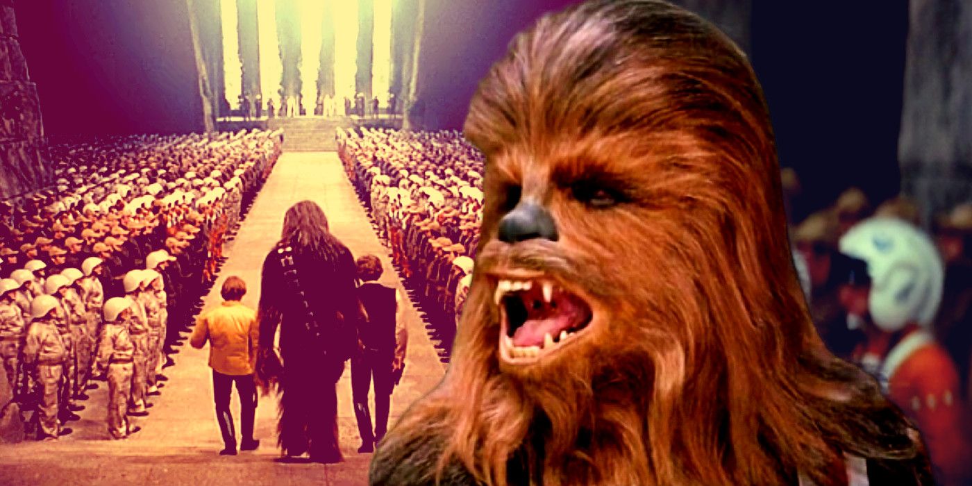 Chewbacca at the medal ceremony in Star Wars: A New Hope.