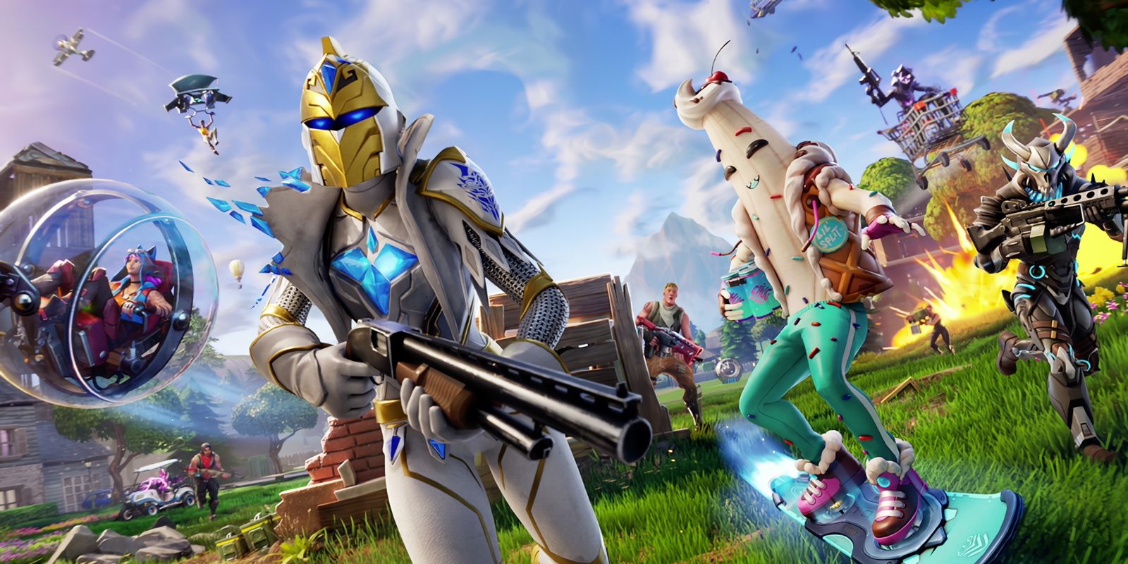A Fortnite character in fantasy magic armor carries a shotgun next to one wearing a banana skin on a hoverboard.
