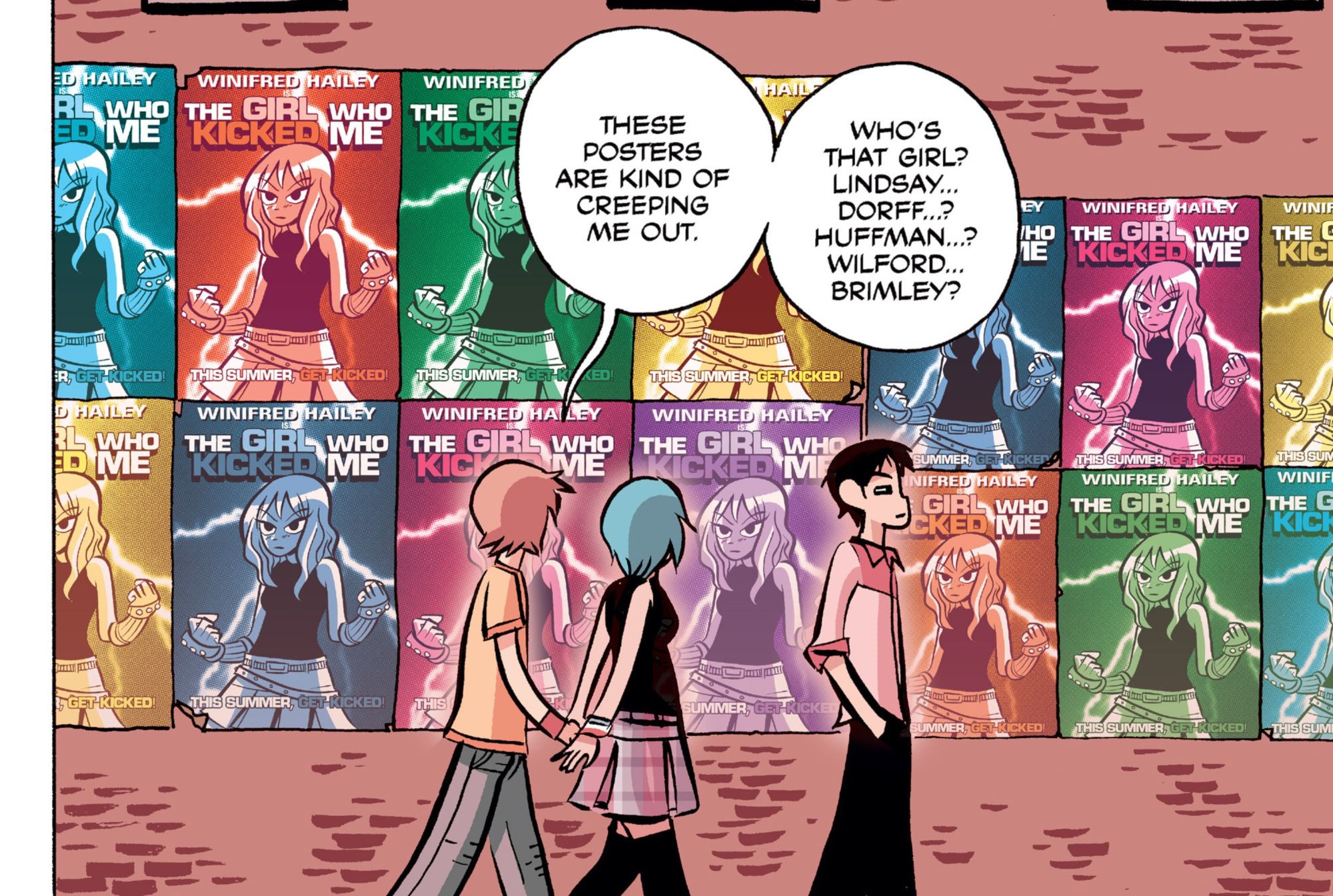 Comic panel from Free Scott Pilgrim side story shows Wallace, Scott, and Ramona walking by a brick wall covered in movie posters of the teen film star Winifred Hailey.