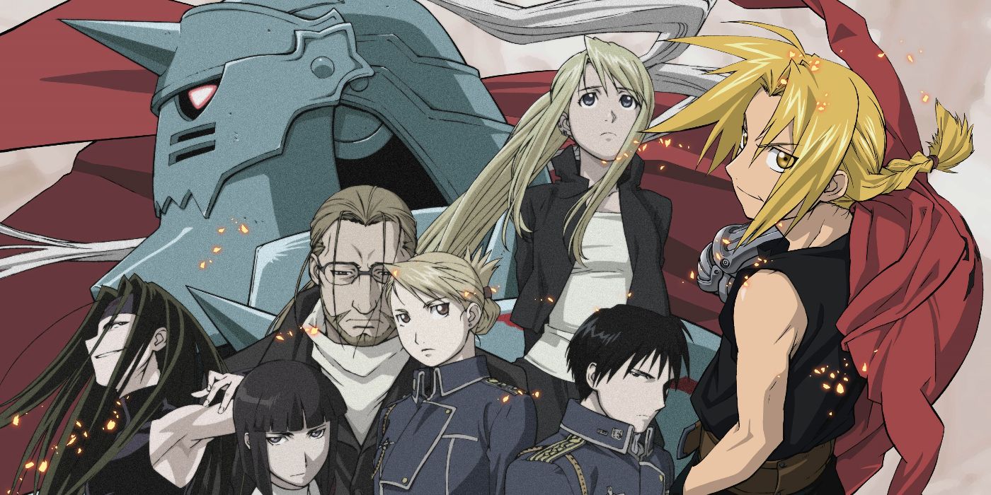Several characters from Fullmetal Alchemist gathered together in front of red and white fabric waving behind them
