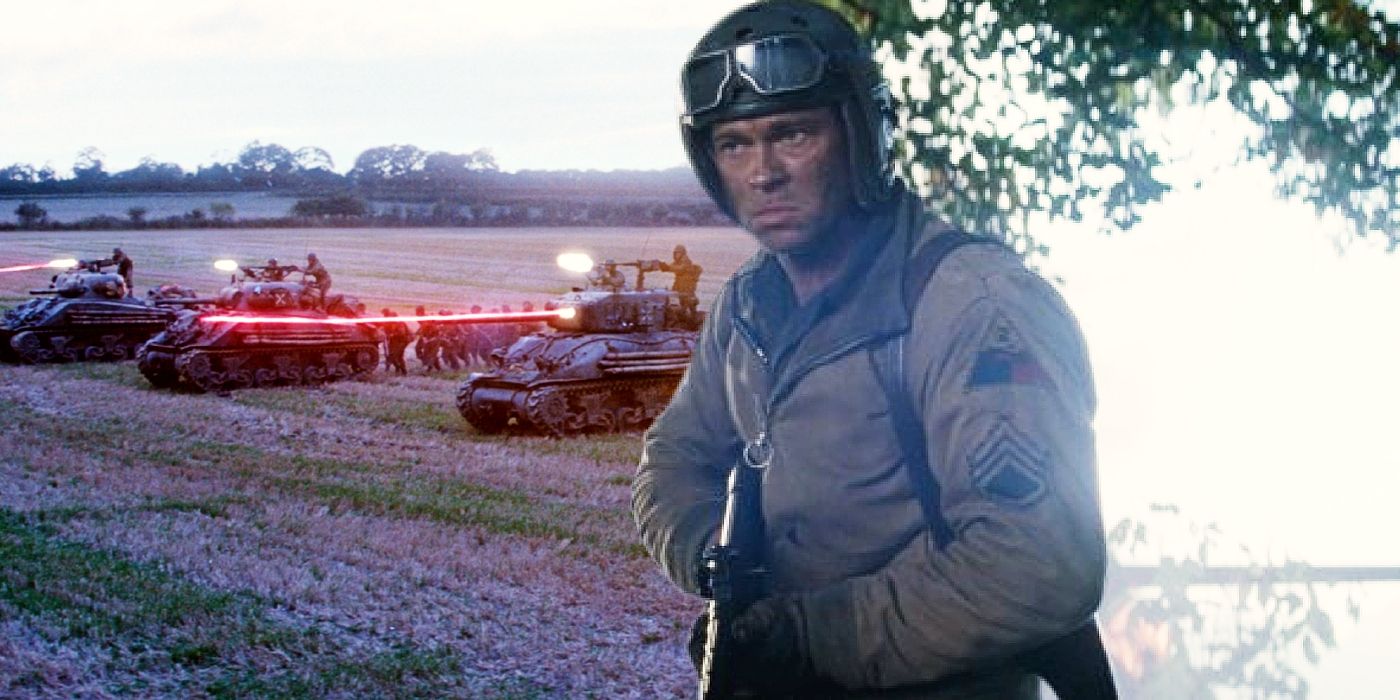 Custom image of Brad Pitt holding a machine gun juxtaposed with three tanks firing their guns in Fury.