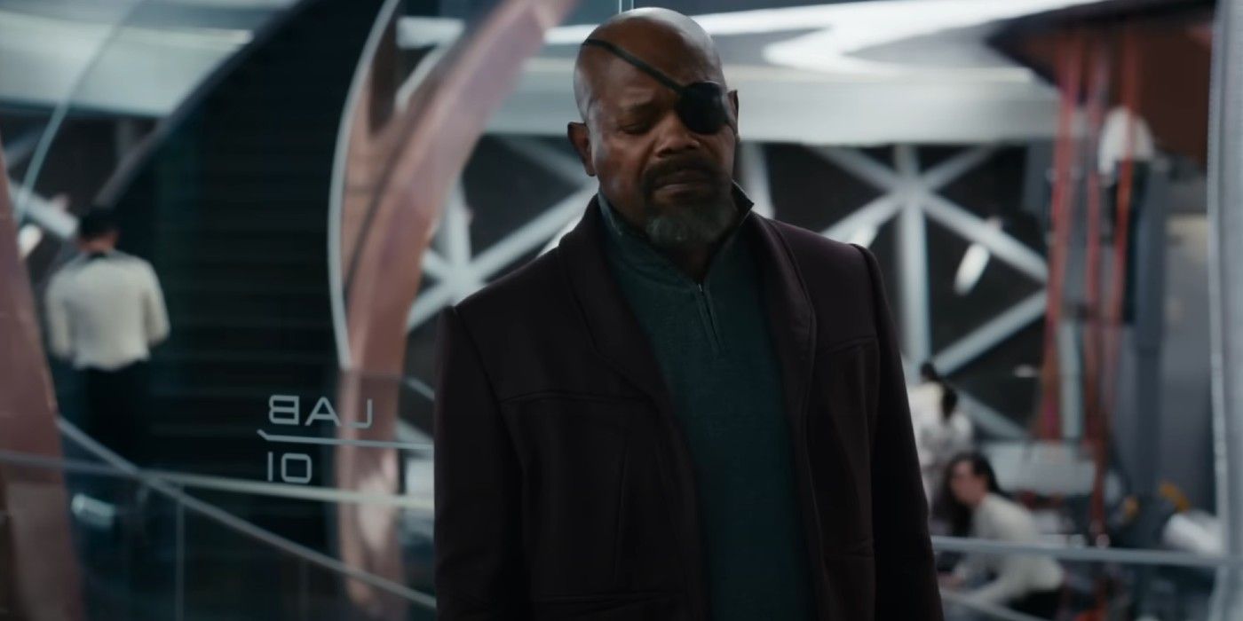 Samual L Jackson's Nick Fury closes his eyes out of frustration in The Marvels