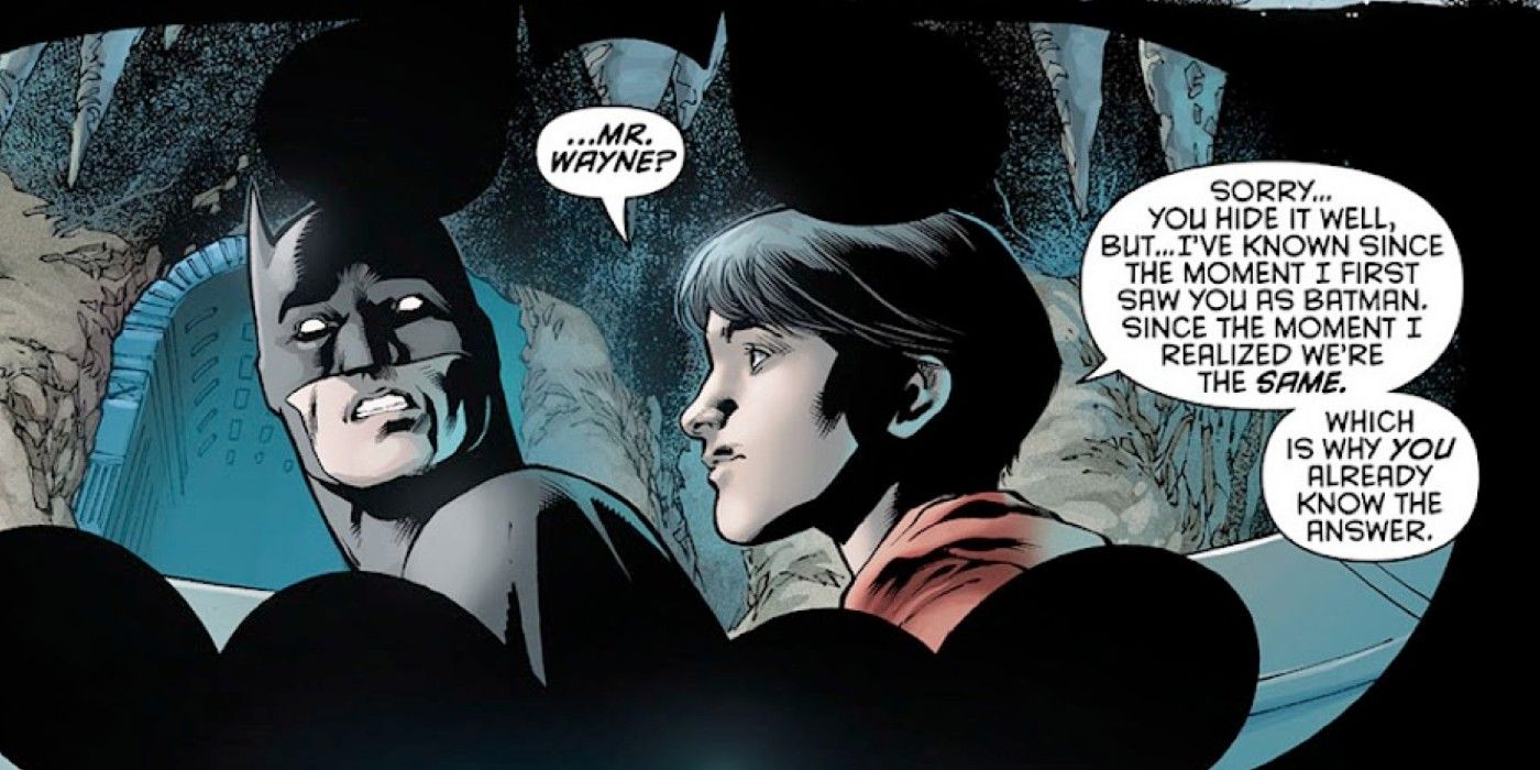 panels from Nightwing #0, future Robin Dick Grayson tells Batman he knows he's Bruce Wayne 