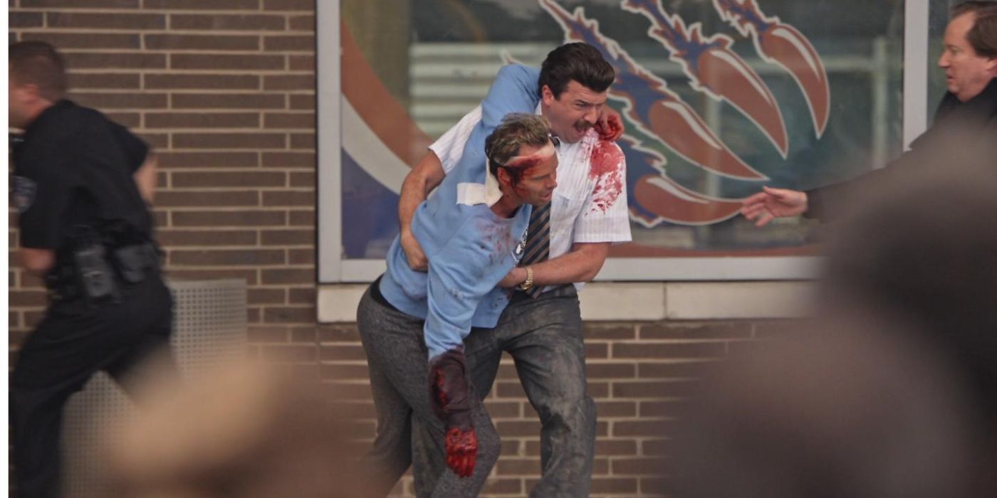 Gamby carrying a bloody Russell out of the school in Vice Principals