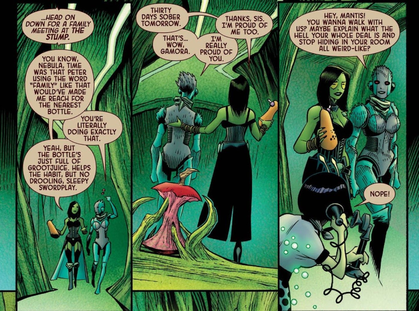 Gamora, Nebula, and Mantis of the Guardians of the Galaxy talk about Groot in Grootspace