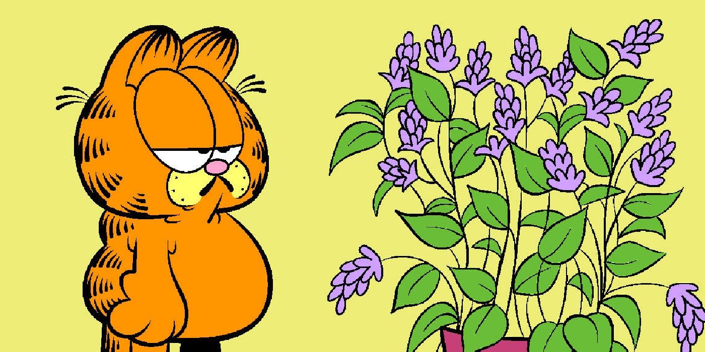 Garfield is staring apathetically at a potted plant