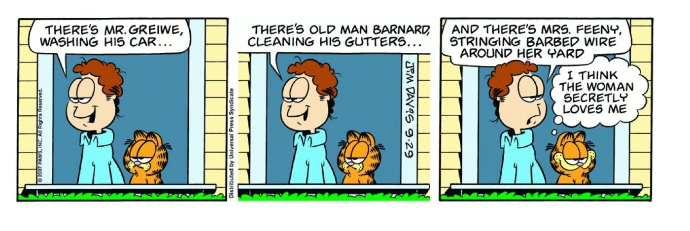 Jon Arbuckle and Garfield watch as Mrs. Feeny puts barbed wire around her house