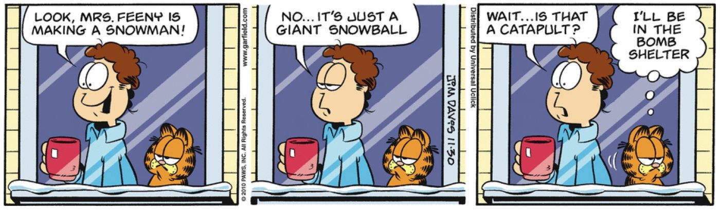 Mrs. Feeny prepares to launch a giant snowball at Garfield and Jon Arbuckle