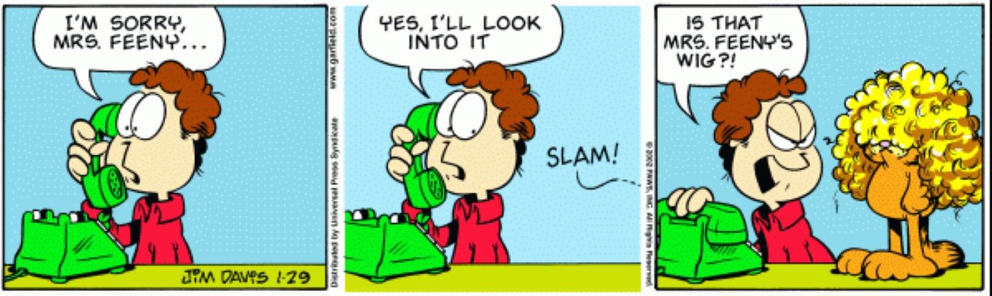 Garfield steals and wears Mrs. Feeny&rsquo;s wig