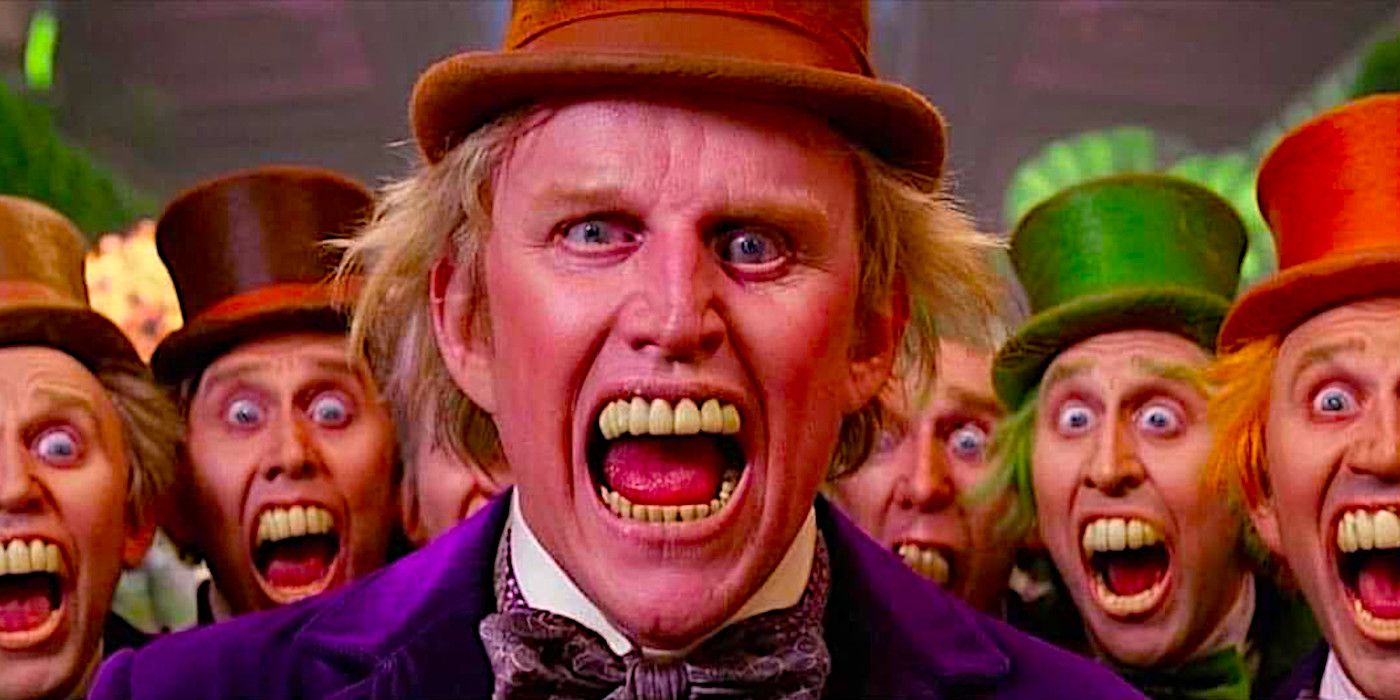 Gary Busey makes a terrifying face as Willy Wonka, surrounded by more terrifying Willy Wonkas