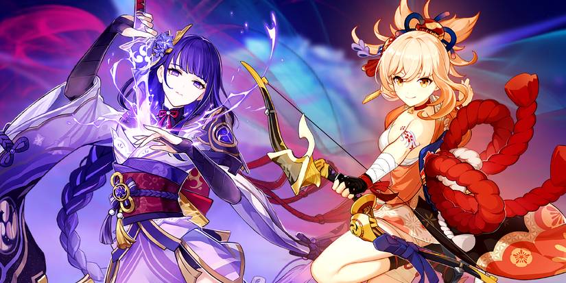 Genshin Impact's Raiden Shogun unsheates a sword on the left while Yoimiya aims her bow on the right.