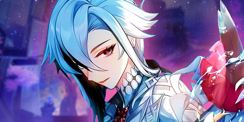 Arlecchino from Genshin Impact looks serious as she extends her hand.
