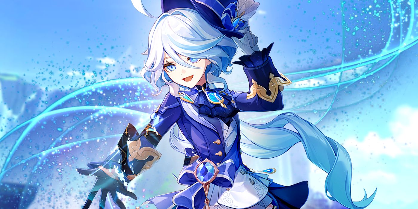 Genshin Impact's Furina extends her hand as she holds her hat with the other and a blue flowing effect forms behind her.