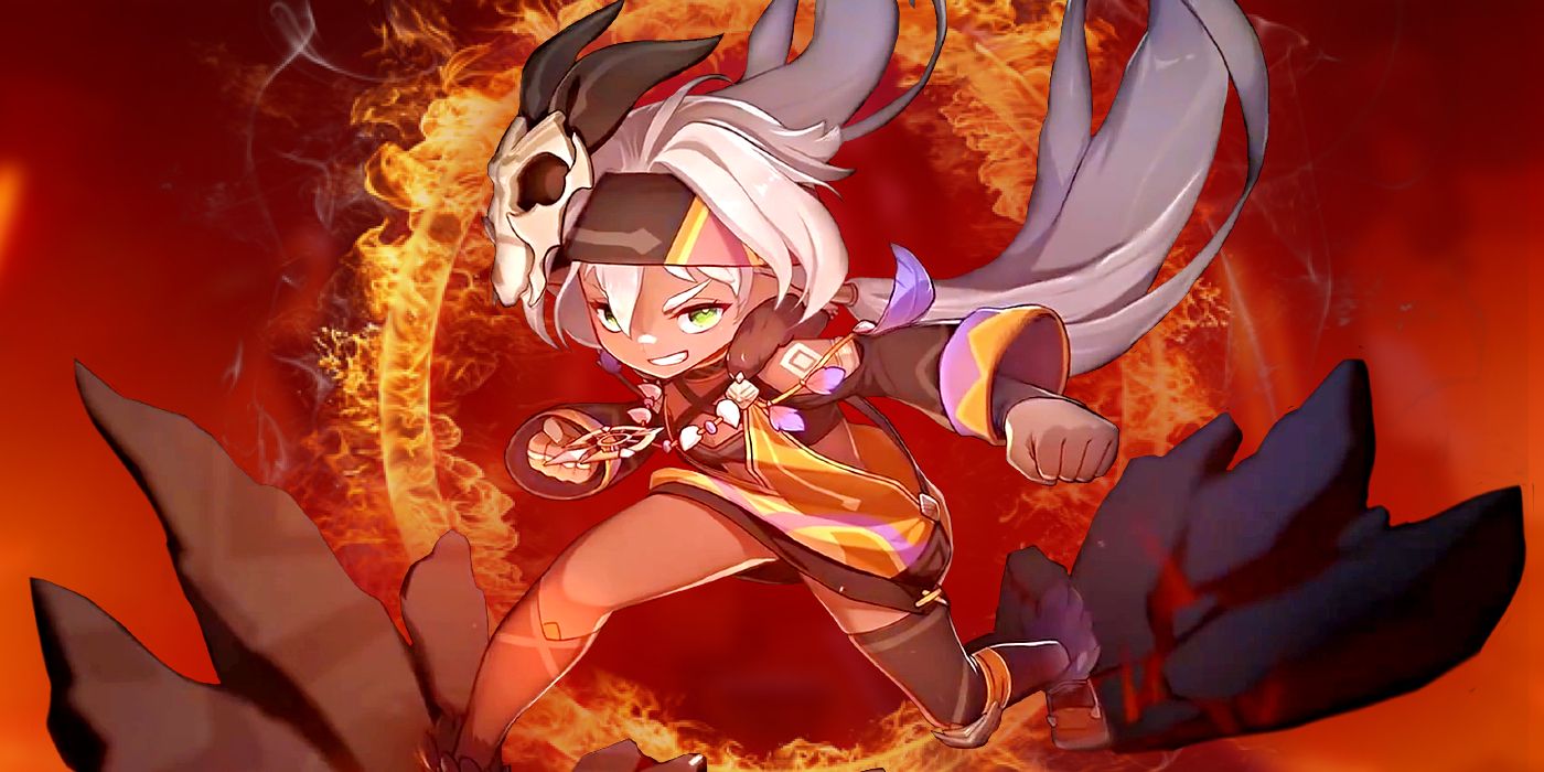 Iansan de Genshin Impact sonríe mientras rompe piedra, con un anillo de fuego detrás de ella.
