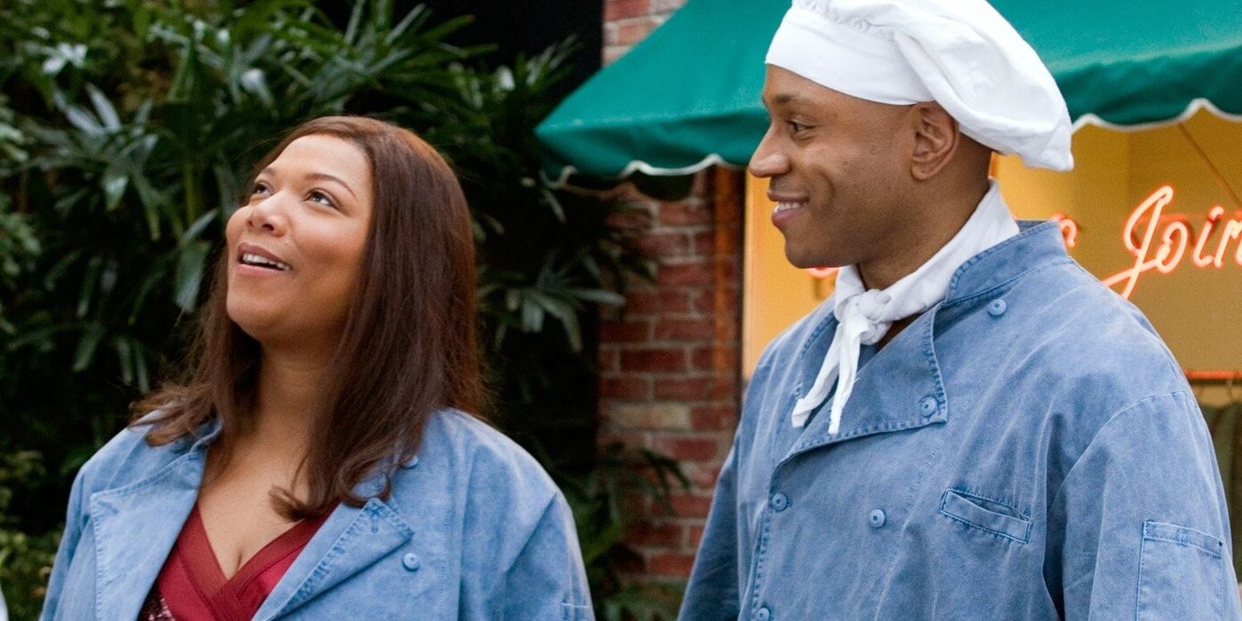 Queen Latifah and LL Cool J as Georgia and Sean on the street smiling in Last Holiday