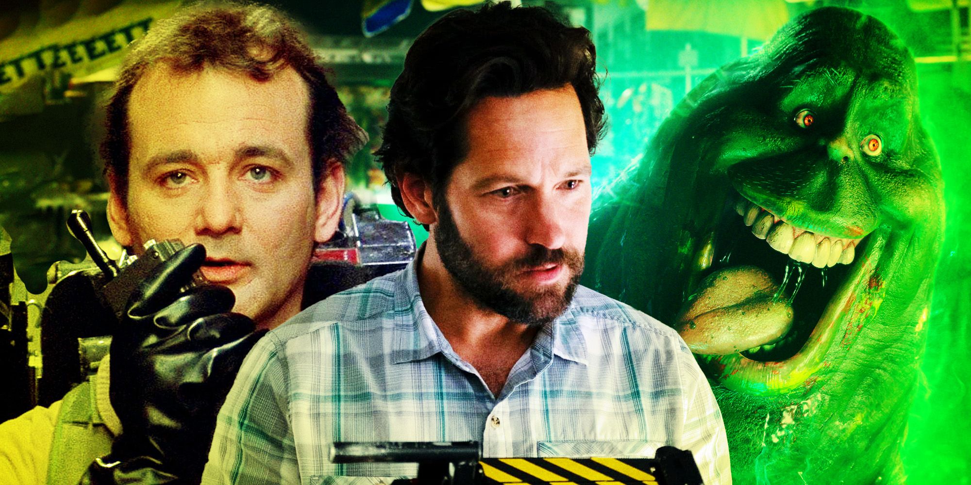 Colagem de personagens dos Caça-Fantasmas com Bill Murray, Paul Rudd e Slimer