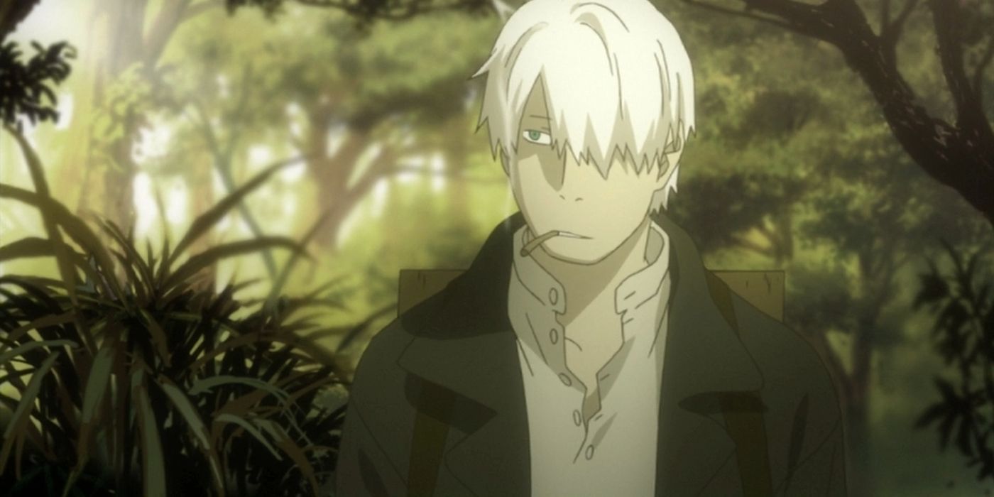 Ginkgo stands smoking in the Mushishi forest
