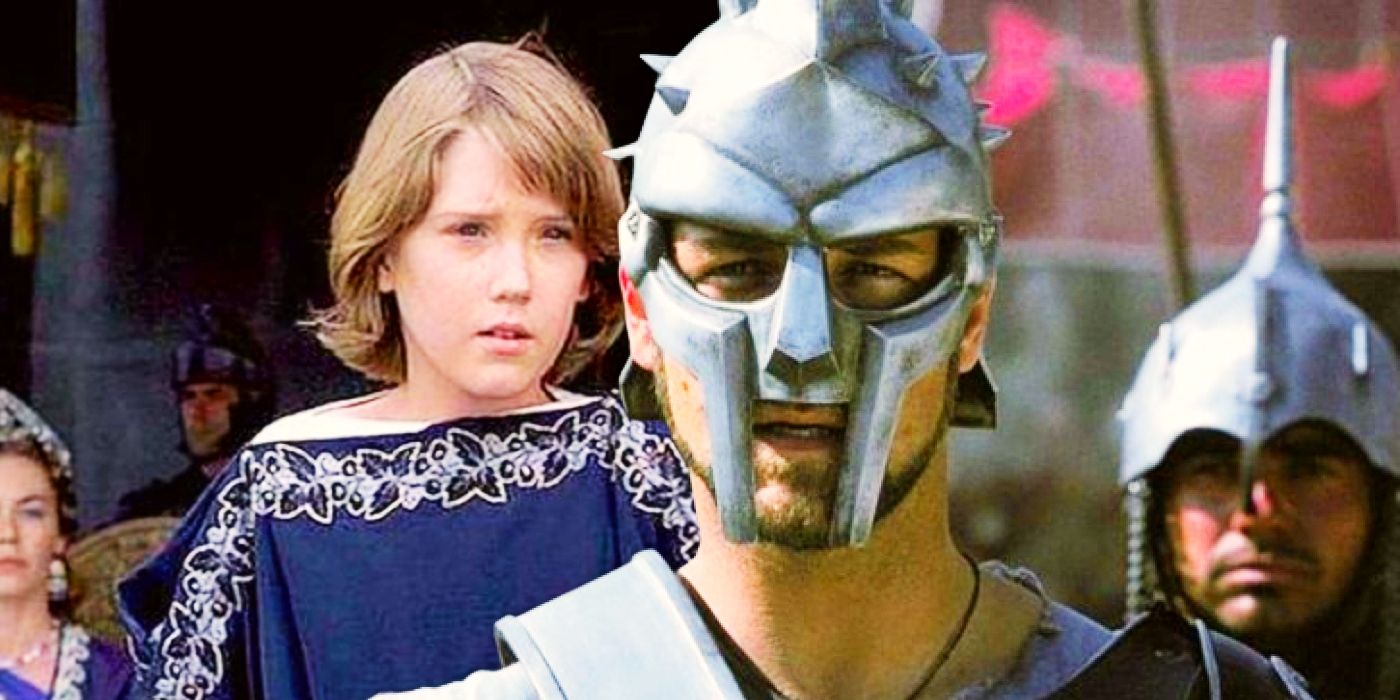 Custom image of Lucius juxtaposed with Maximus wearing a armored mask in Gladiator.